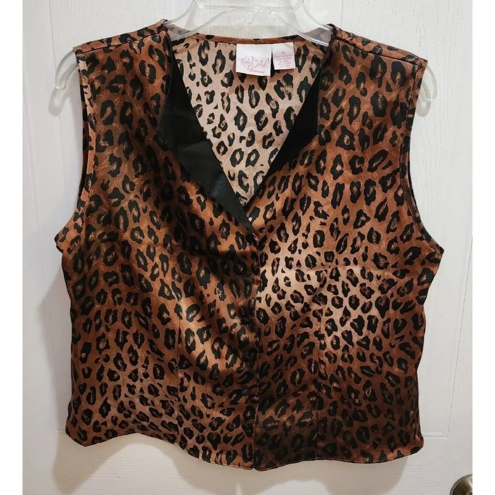 Vintage Kathy Ireland Intimates Womens Satin Button Up Pajama Top Leopard Size M